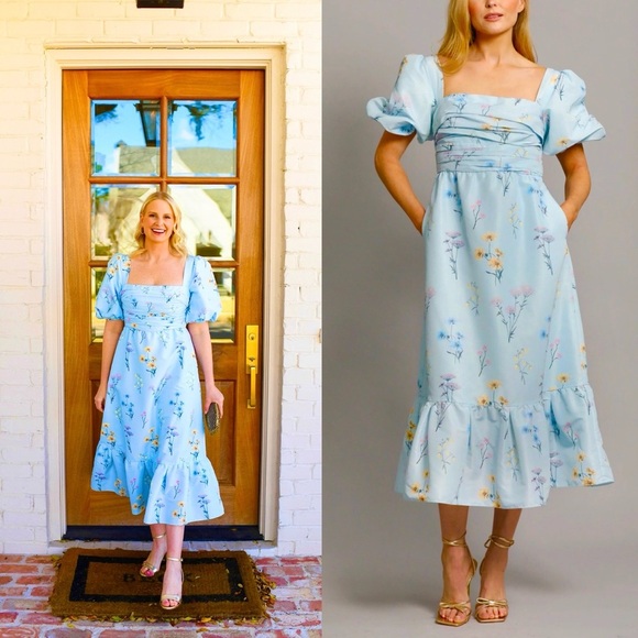 NWOT Self-Portrait Watercolor Taffeta Blue Puff Sleeve Floral Midi Dress Size 6 - Picture 3 of 8